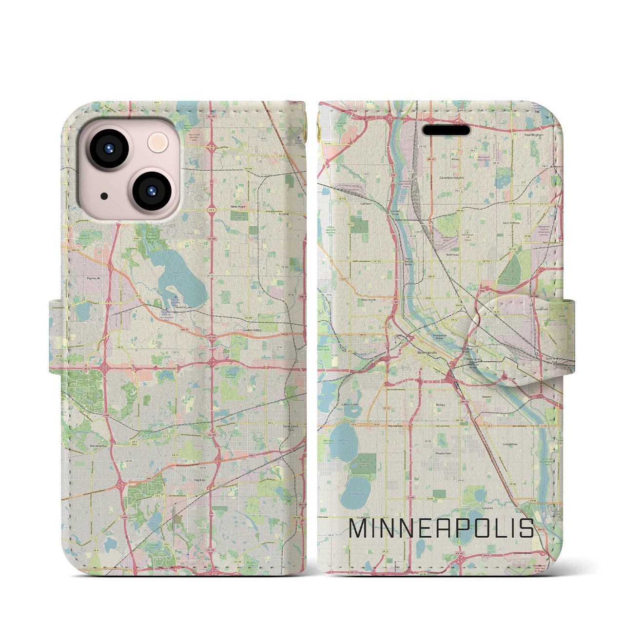 【ミネアポリス】地図柄iPhoneケース（手帳両面タイプ・ナチュラル）iPhone 13 mini 用