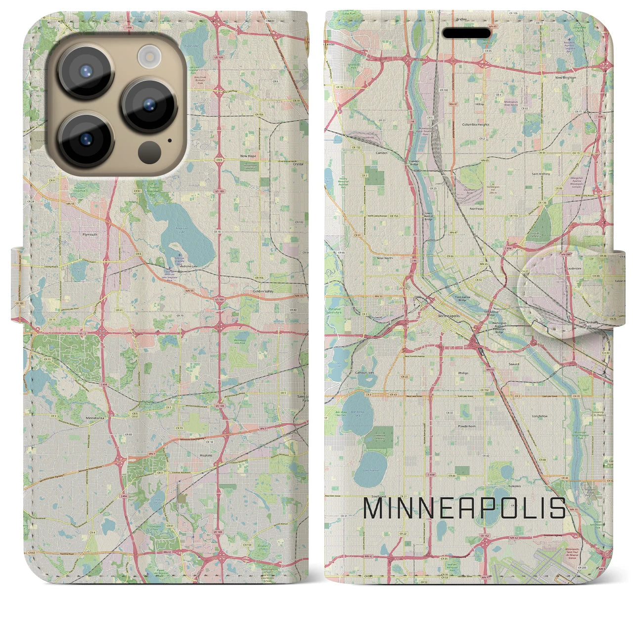 【ミネアポリス】地図柄iPhoneケース（手帳両面タイプ・ナチュラル）iPhone 14 Pro Max 用