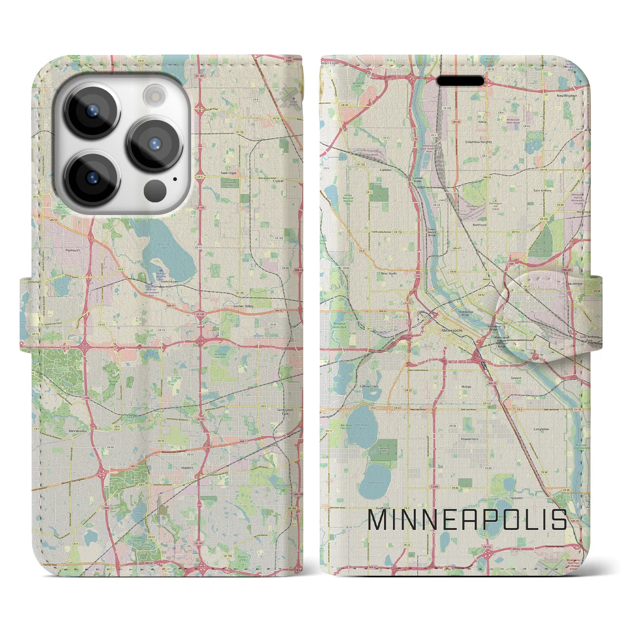 【ミネアポリス】地図柄iPhoneケース（手帳両面タイプ・ナチュラル）iPhone 14 Pro 用