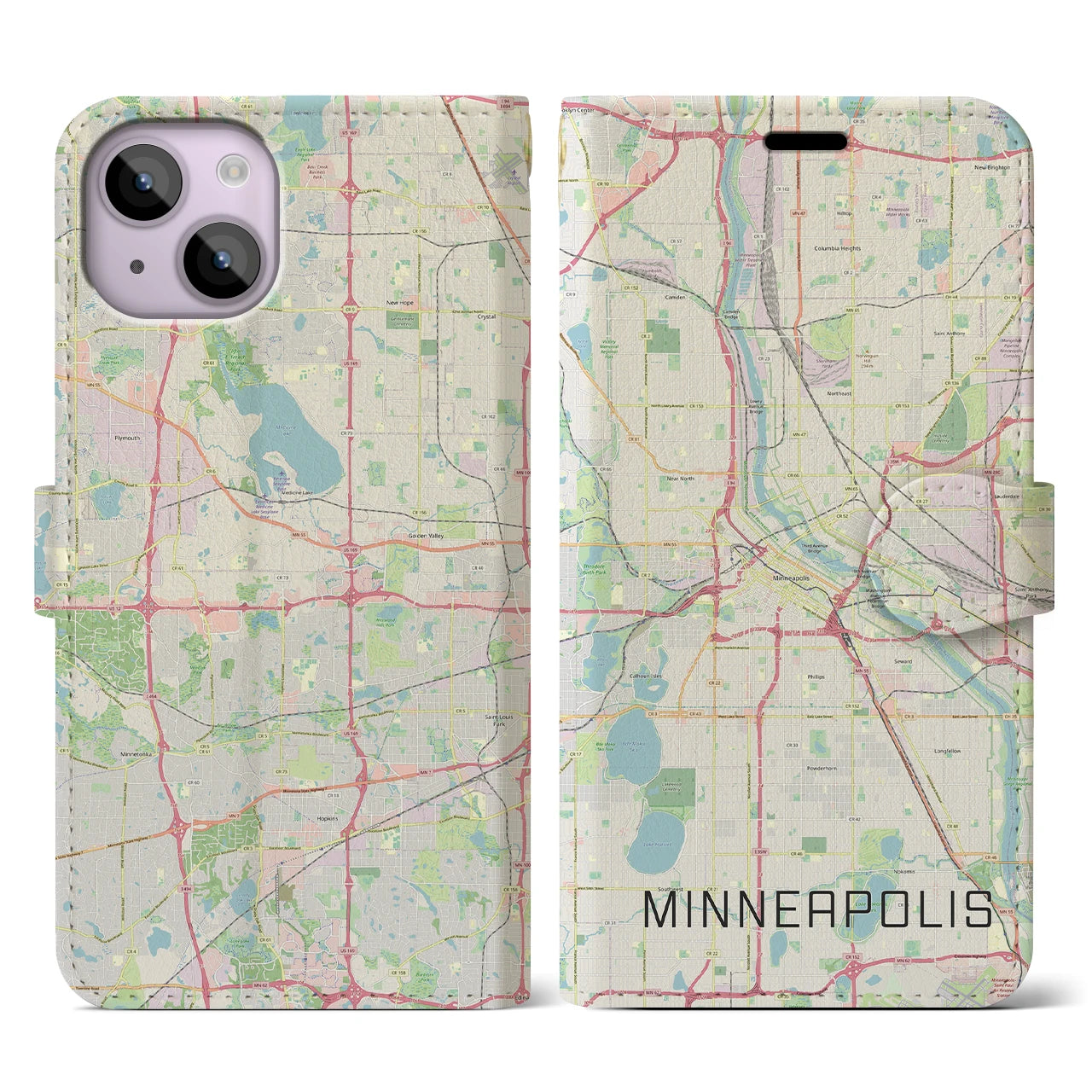 【ミネアポリス】地図柄iPhoneケース（手帳両面タイプ・ナチュラル）iPhone 14 用