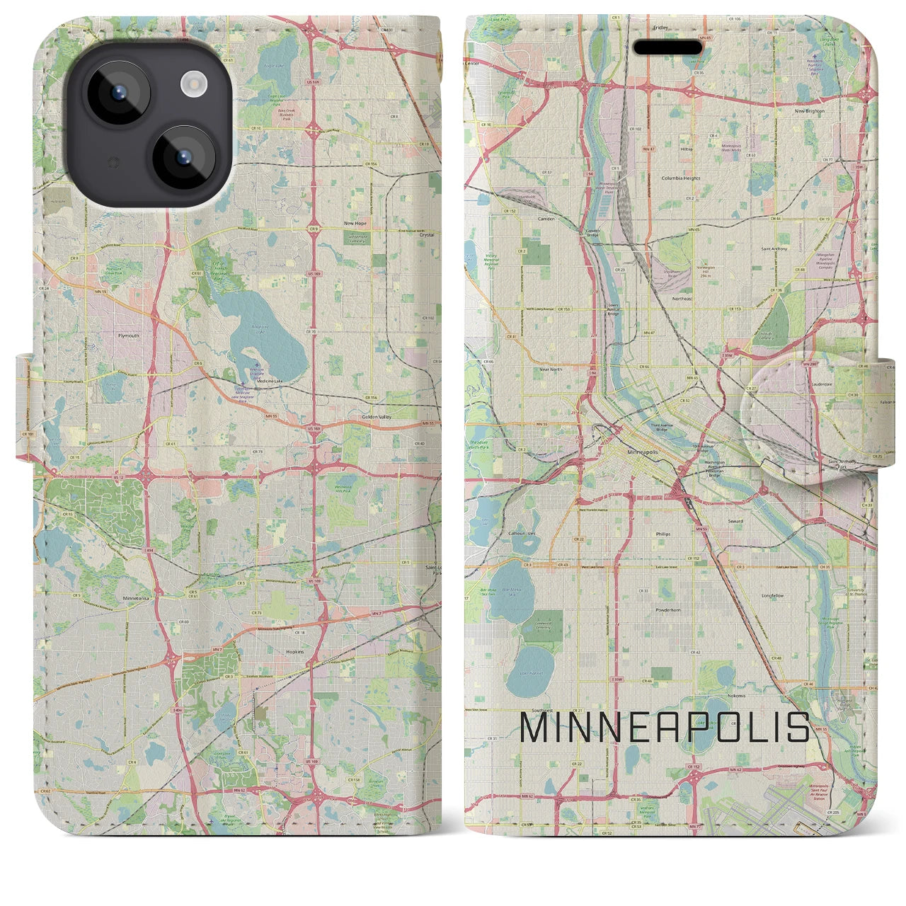 【ミネアポリス】地図柄iPhoneケース（手帳両面タイプ・ナチュラル）iPhone 14 Plus 用