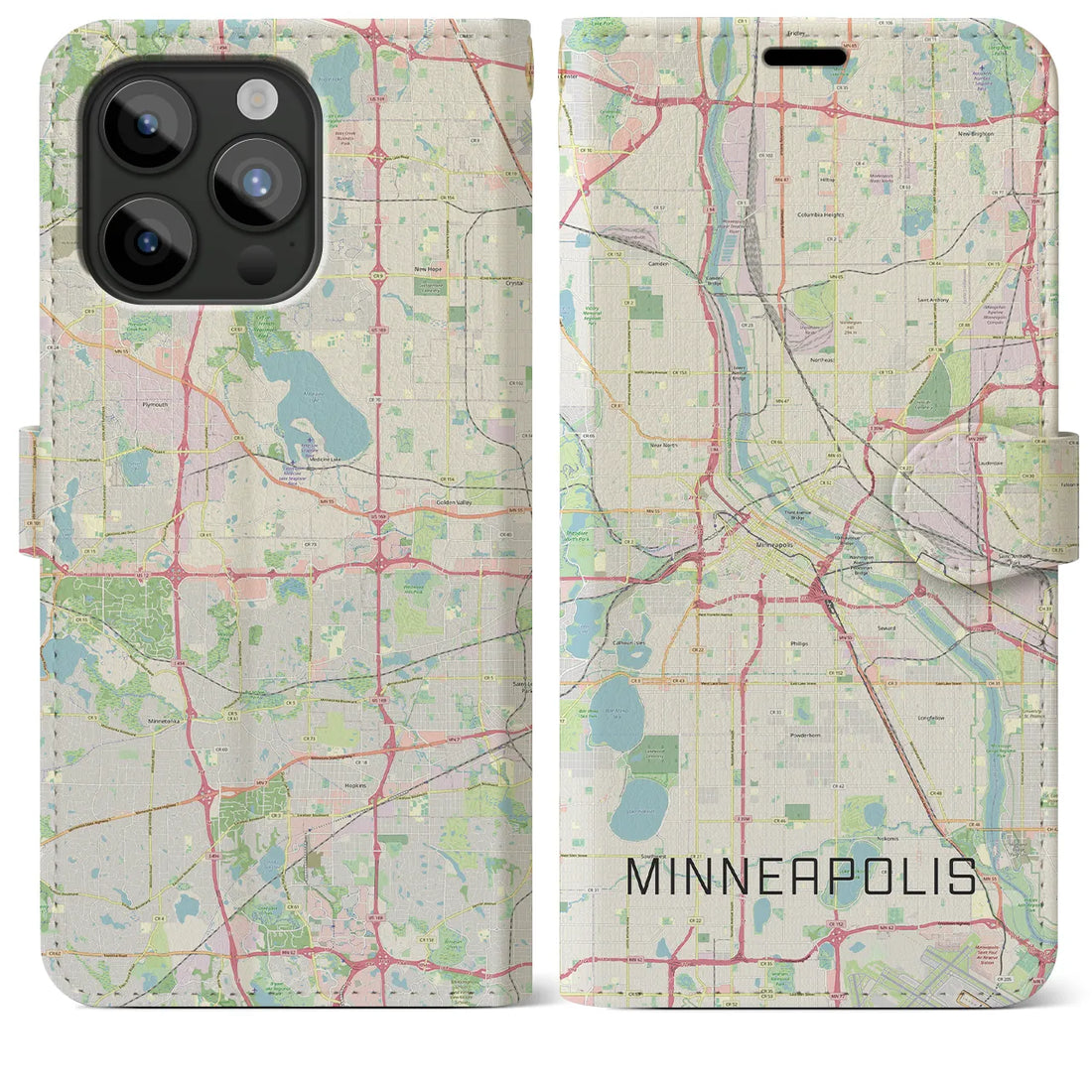 【ミネアポリス】地図柄iPhoneケース（手帳両面タイプ・ナチュラル）iPhone 15 Pro Max 用