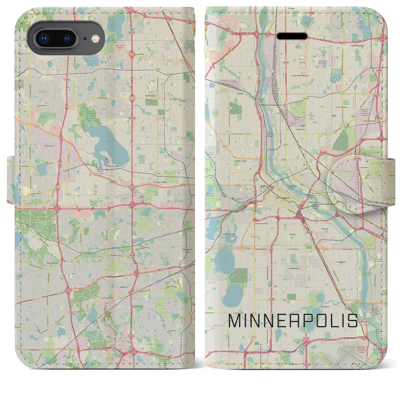 【ミネアポリス】地図柄iPhoneケース（手帳両面タイプ・ナチュラル）iPhone 8Plus /7Plus / 6sPlus / 6Plus 用