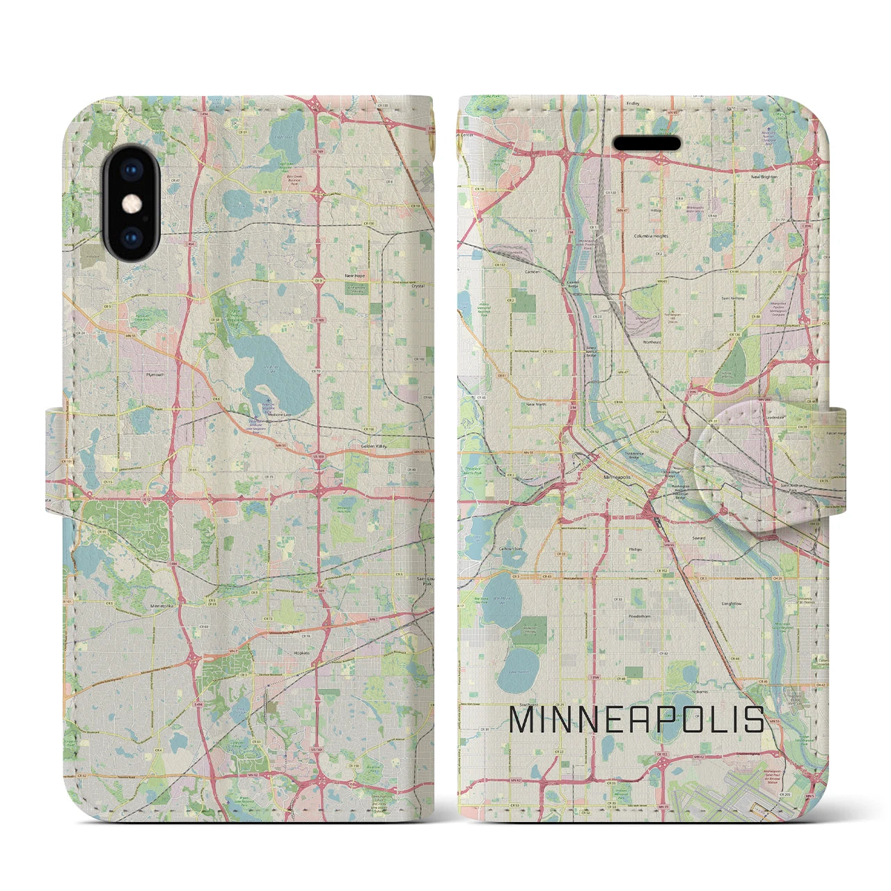 【ミネアポリス】地図柄iPhoneケース（手帳両面タイプ・ナチュラル）iPhone XS / X 用