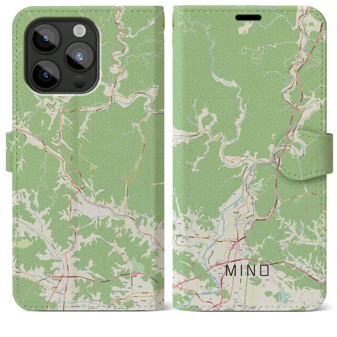 【美濃】地図柄iPhoneケース（手帳両面タイプ・ナチュラル）iPhone 15 Pro Max 用