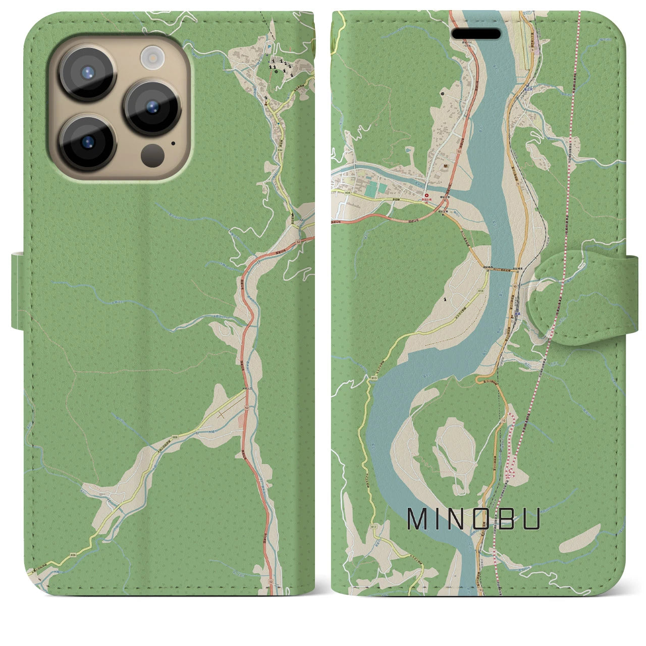 【身延】地図柄iPhoneケース（手帳両面タイプ・ナチュラル）iPhone 14 Pro Max 用