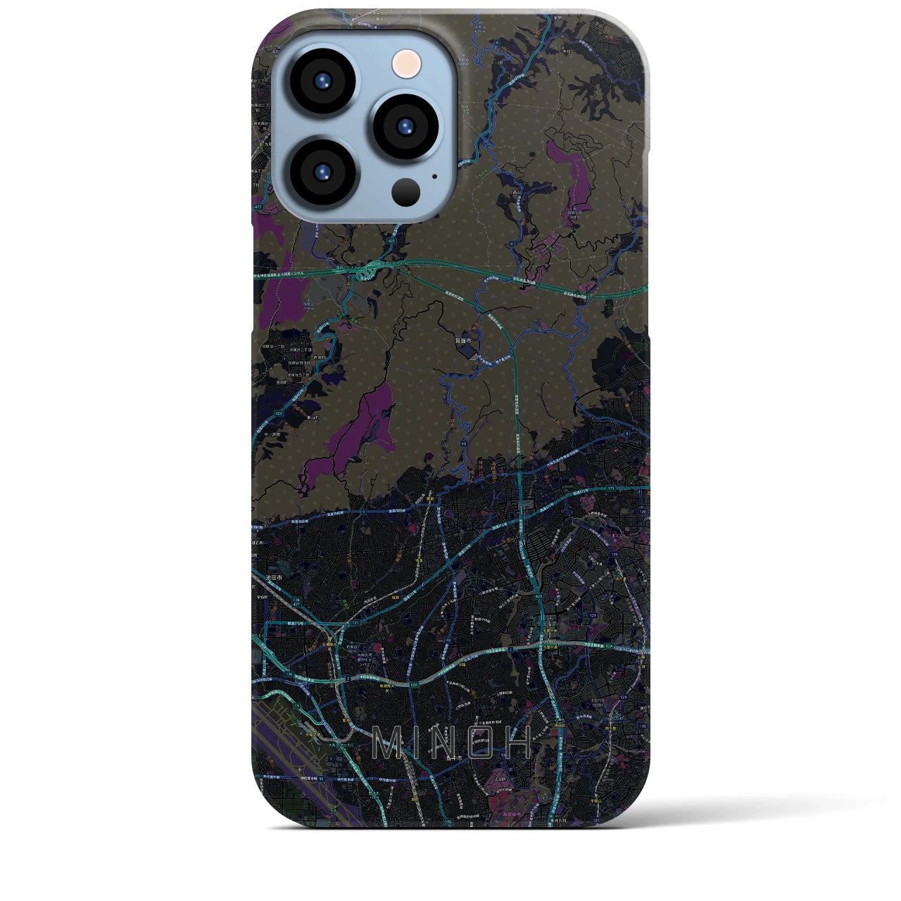 【箕面】地図柄iPhoneケース（バックカバータイプ・ブラック）iPhone 13 Pro Max 用