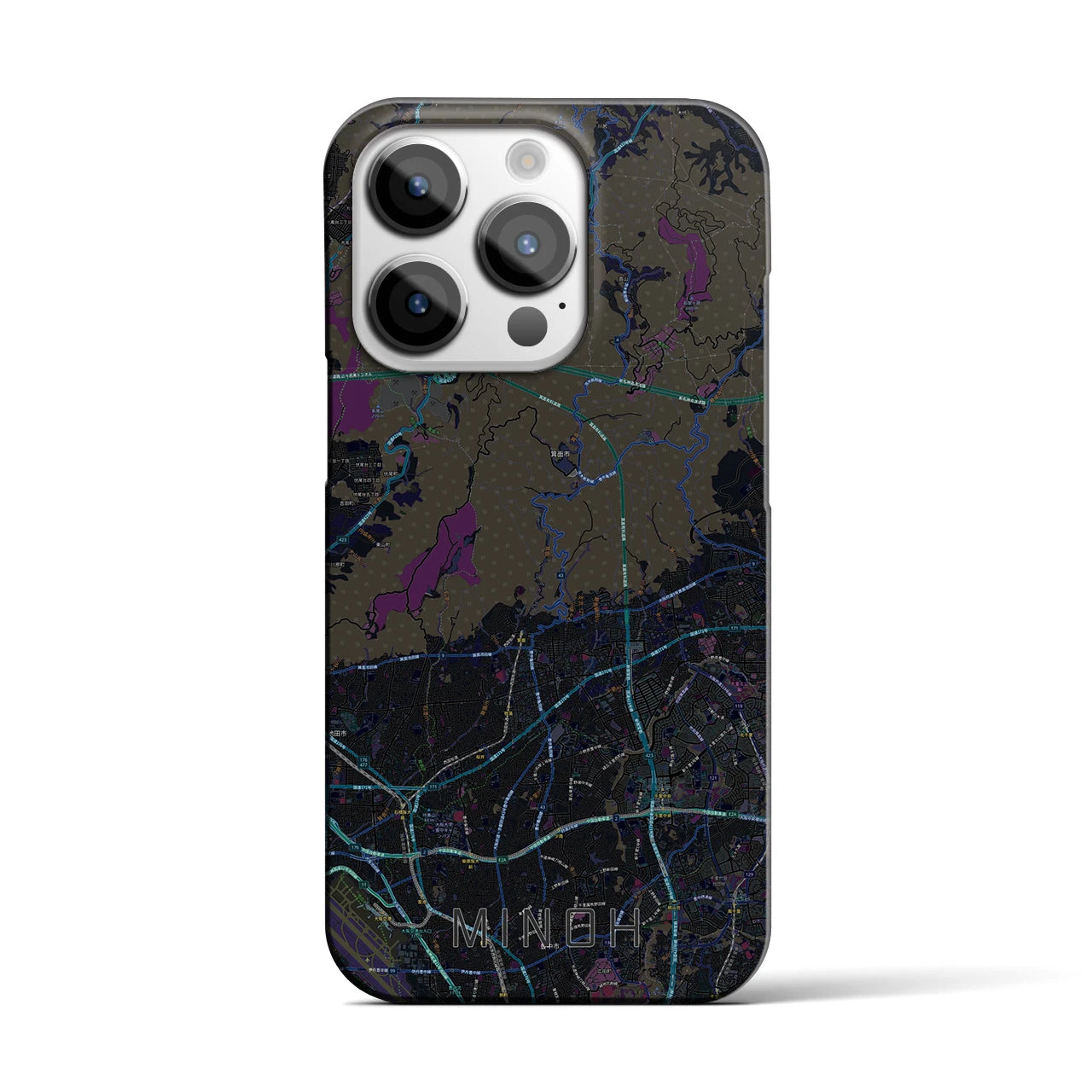 【箕面】地図柄iPhoneケース（バックカバータイプ・ブラック）iPhone 14 Pro 用