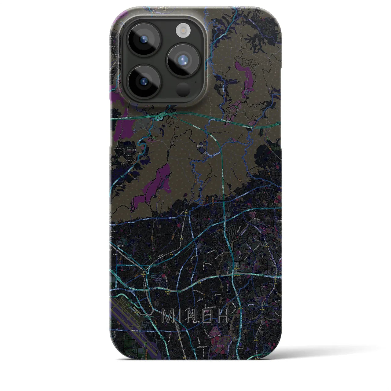 【箕面】地図柄iPhoneケース（バックカバータイプ・ブラック）iPhone 15 Pro Max 用