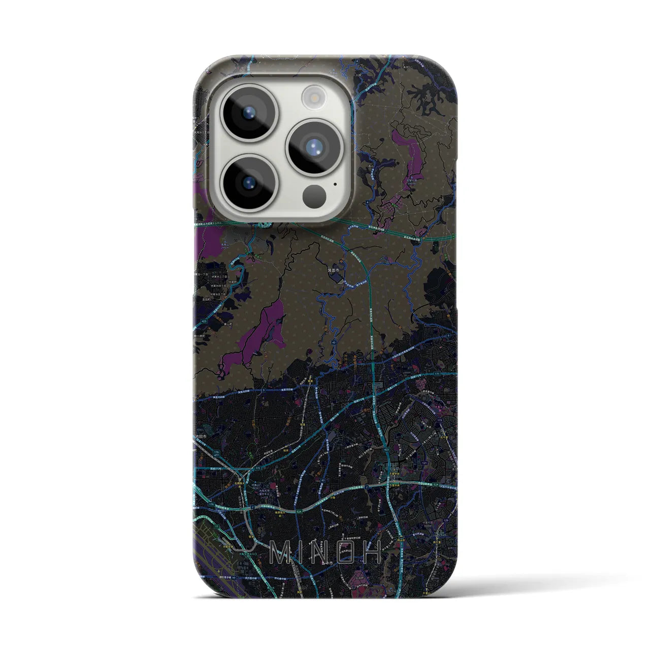 【箕面】地図柄iPhoneケース（バックカバータイプ・ブラック）iPhone 15 Pro 用