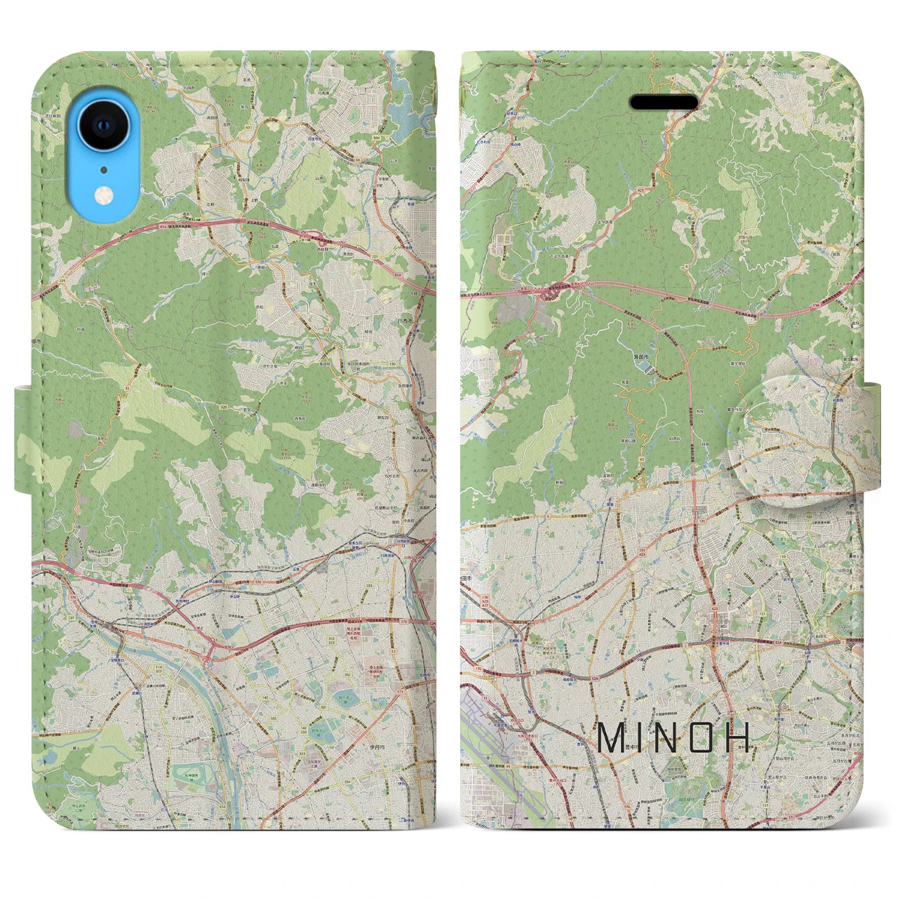 【箕面】地図柄iPhoneケース（手帳両面タイプ・ナチュラル）iPhone XR 用