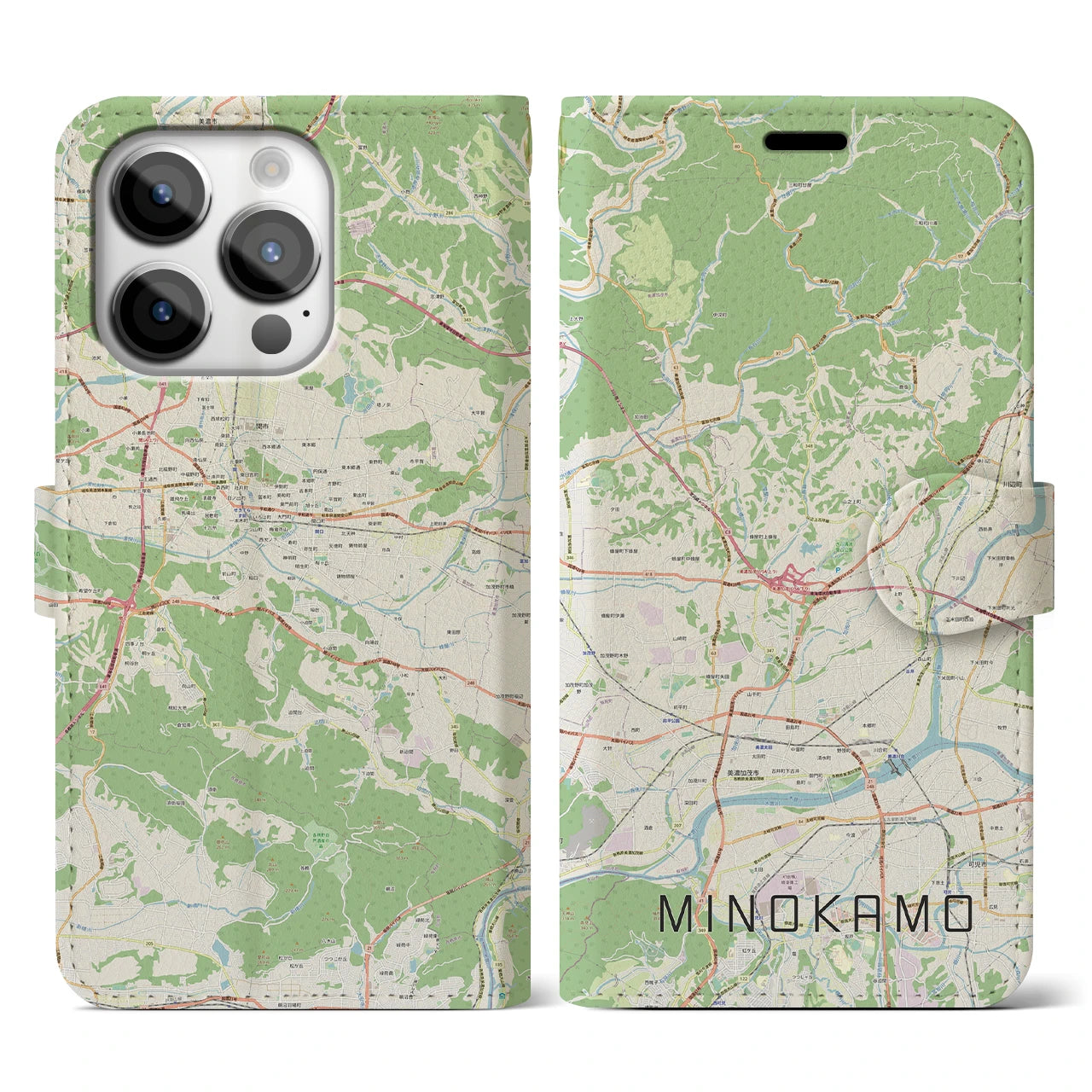 【美濃加茂】地図柄iPhoneケース（手帳両面タイプ・ナチュラル）iPhone 14 Pro 用