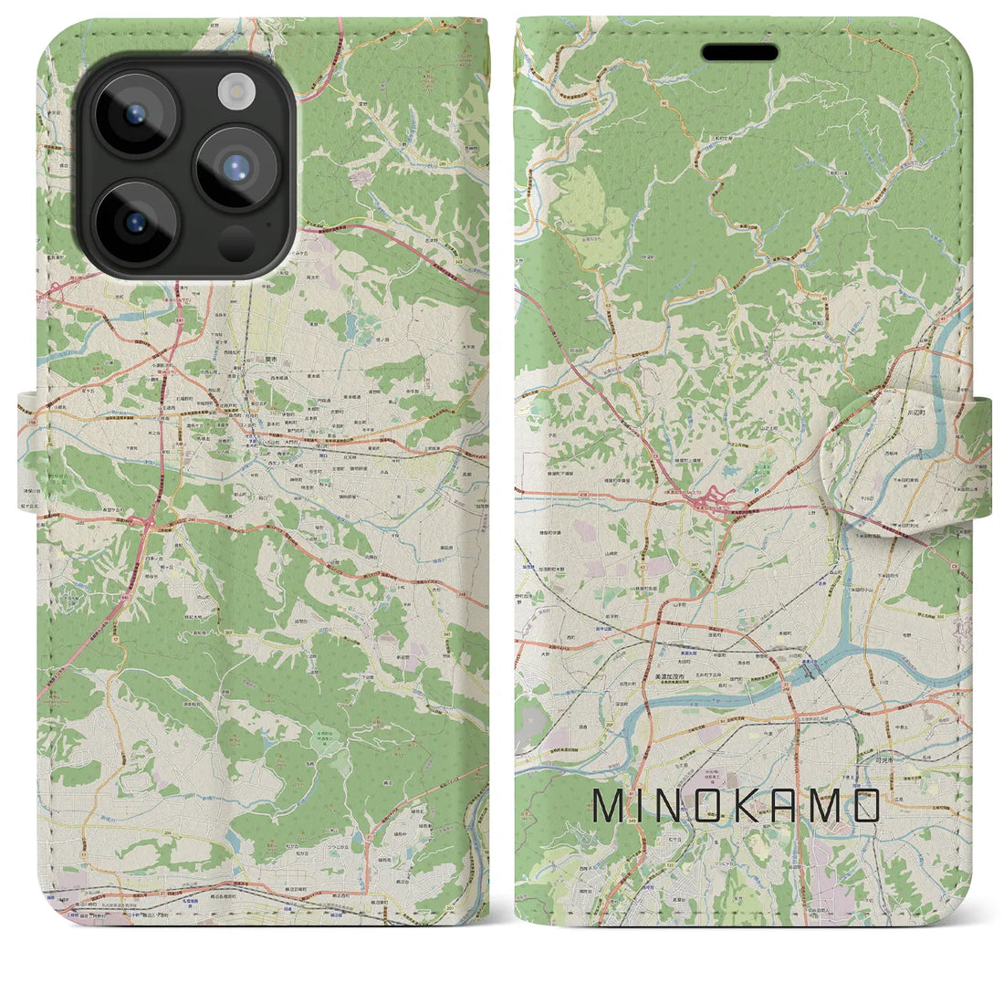 【美濃加茂】地図柄iPhoneケース（手帳両面タイプ・ナチュラル）iPhone 15 Pro Max 用