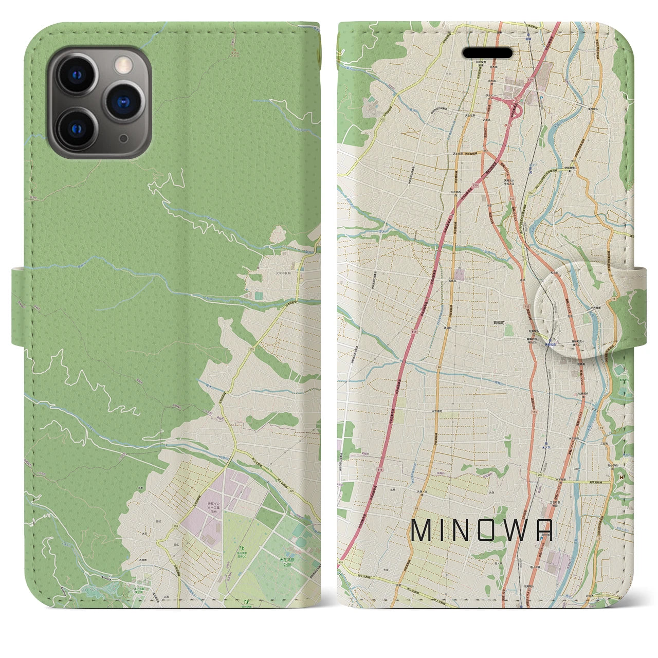 【箕輪】地図柄iPhoneケース（手帳両面タイプ・ナチュラル）iPhone 11 Pro Max 用
