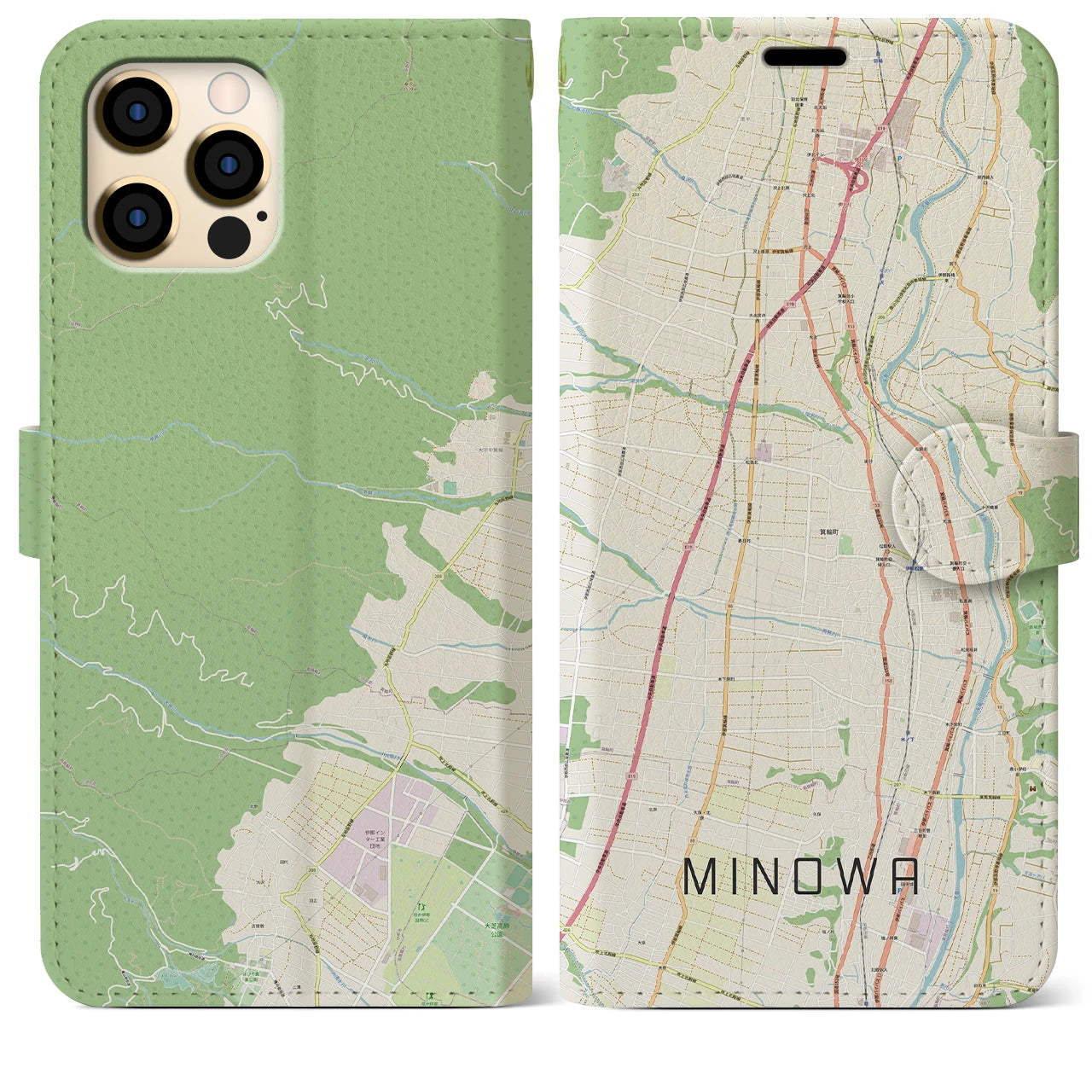 【箕輪】地図柄iPhoneケース（手帳両面タイプ・ナチュラル）iPhone 12 Pro Max 用