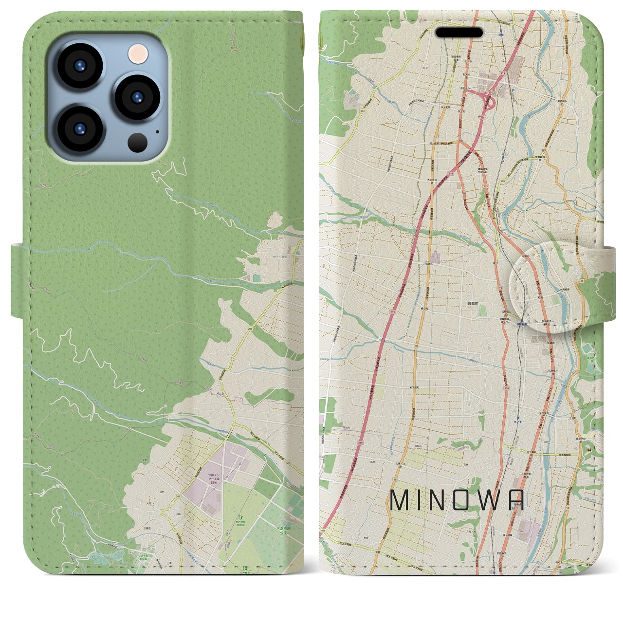 【箕輪】地図柄iPhoneケース（手帳両面タイプ・ナチュラル）iPhone 13 Pro Max 用
