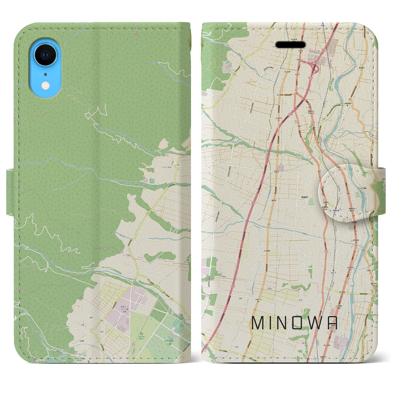 【箕輪】地図柄iPhoneケース（手帳両面タイプ・ナチュラル）iPhone XR 用