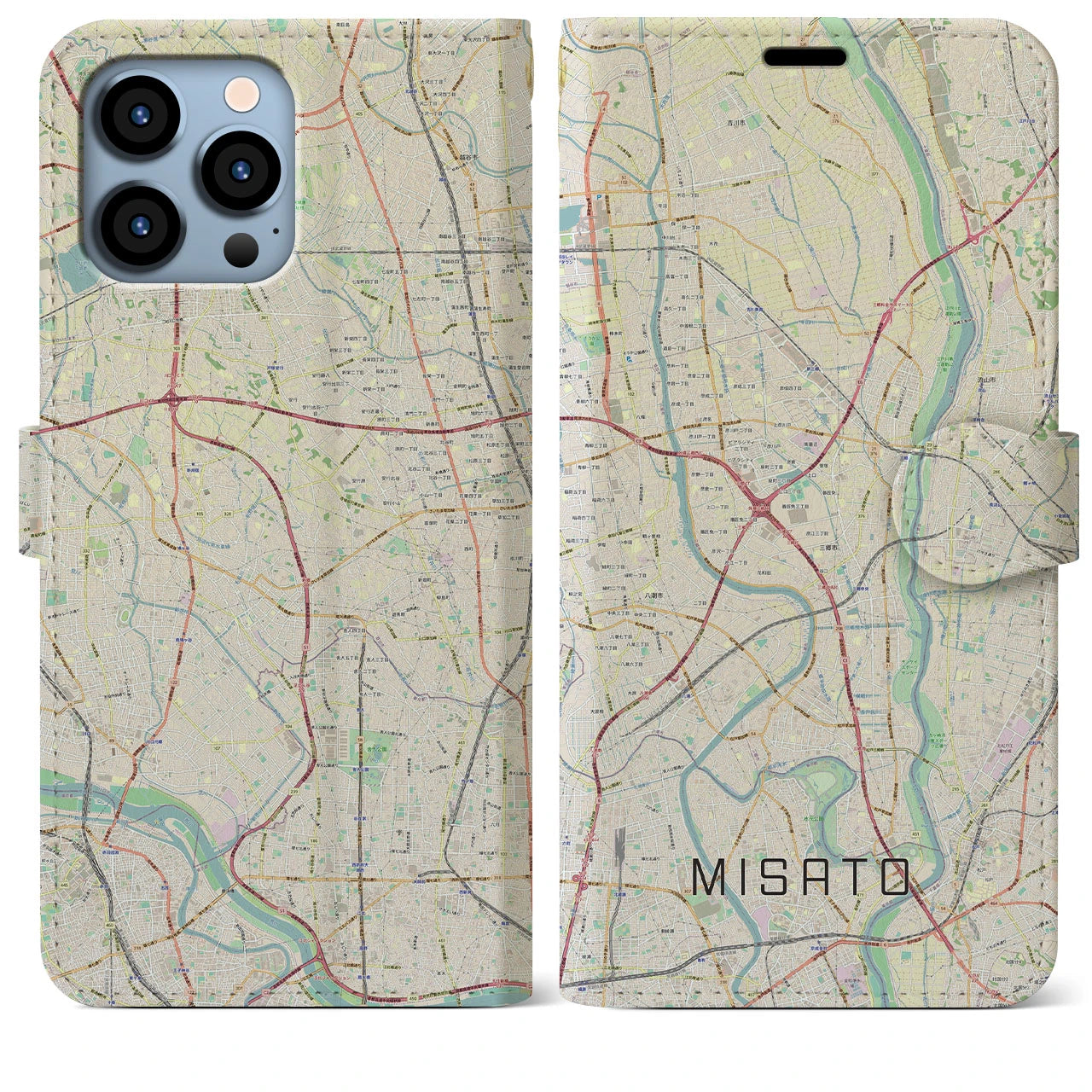 【三郷】地図柄iPhoneケース（手帳両面タイプ・ナチュラル）iPhone 13 Pro Max 用