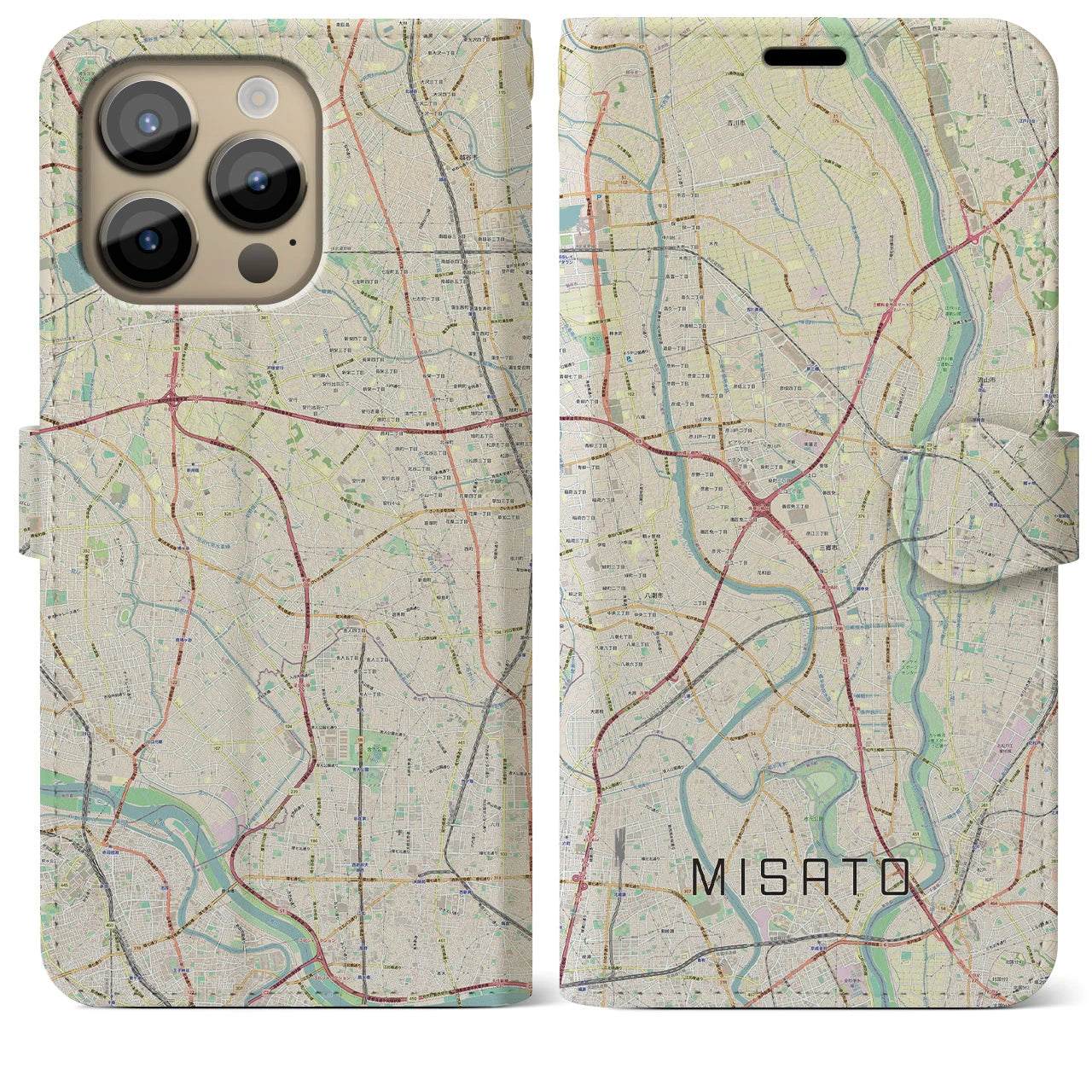 【三郷】地図柄iPhoneケース（手帳両面タイプ・ナチュラル）iPhone 14 Pro Max 用