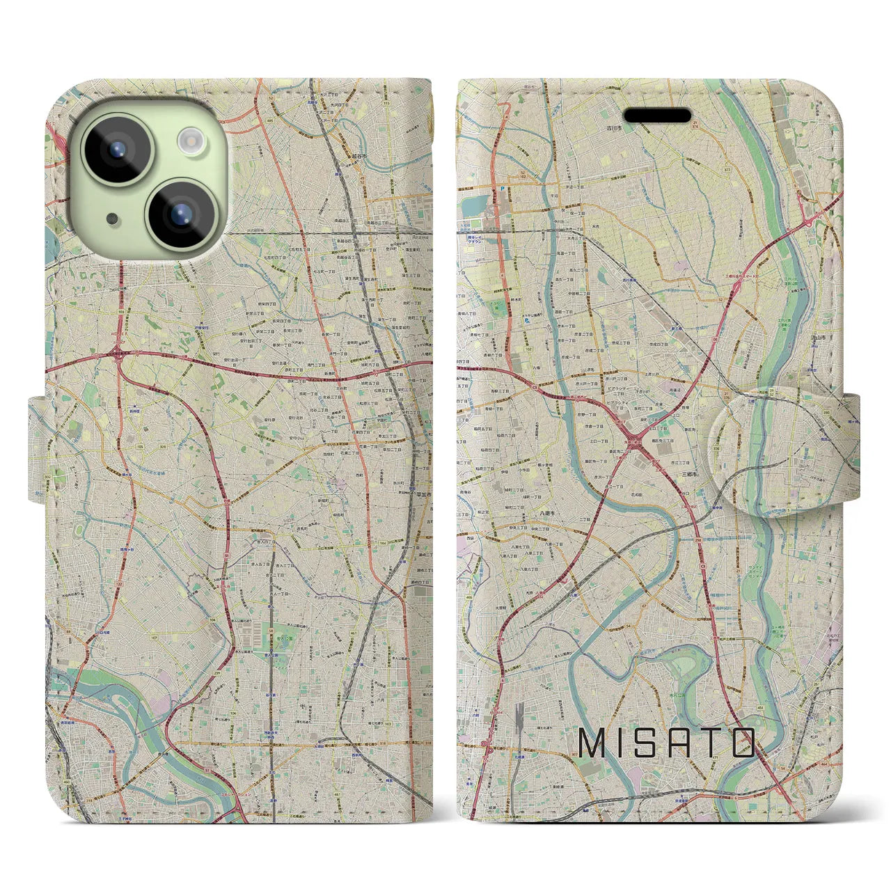 【三郷】地図柄iPhoneケース（手帳両面タイプ・ナチュラル）iPhone 15 用