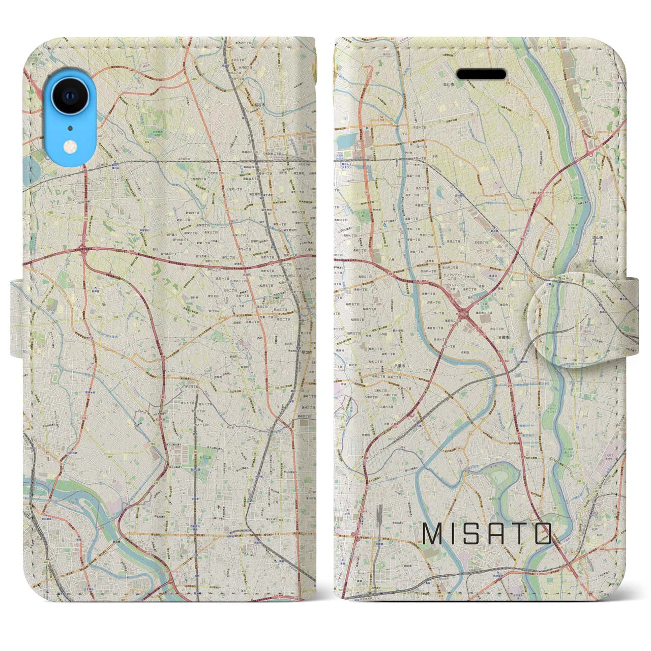 【三郷】地図柄iPhoneケース（手帳両面タイプ・ナチュラル）iPhone XR 用