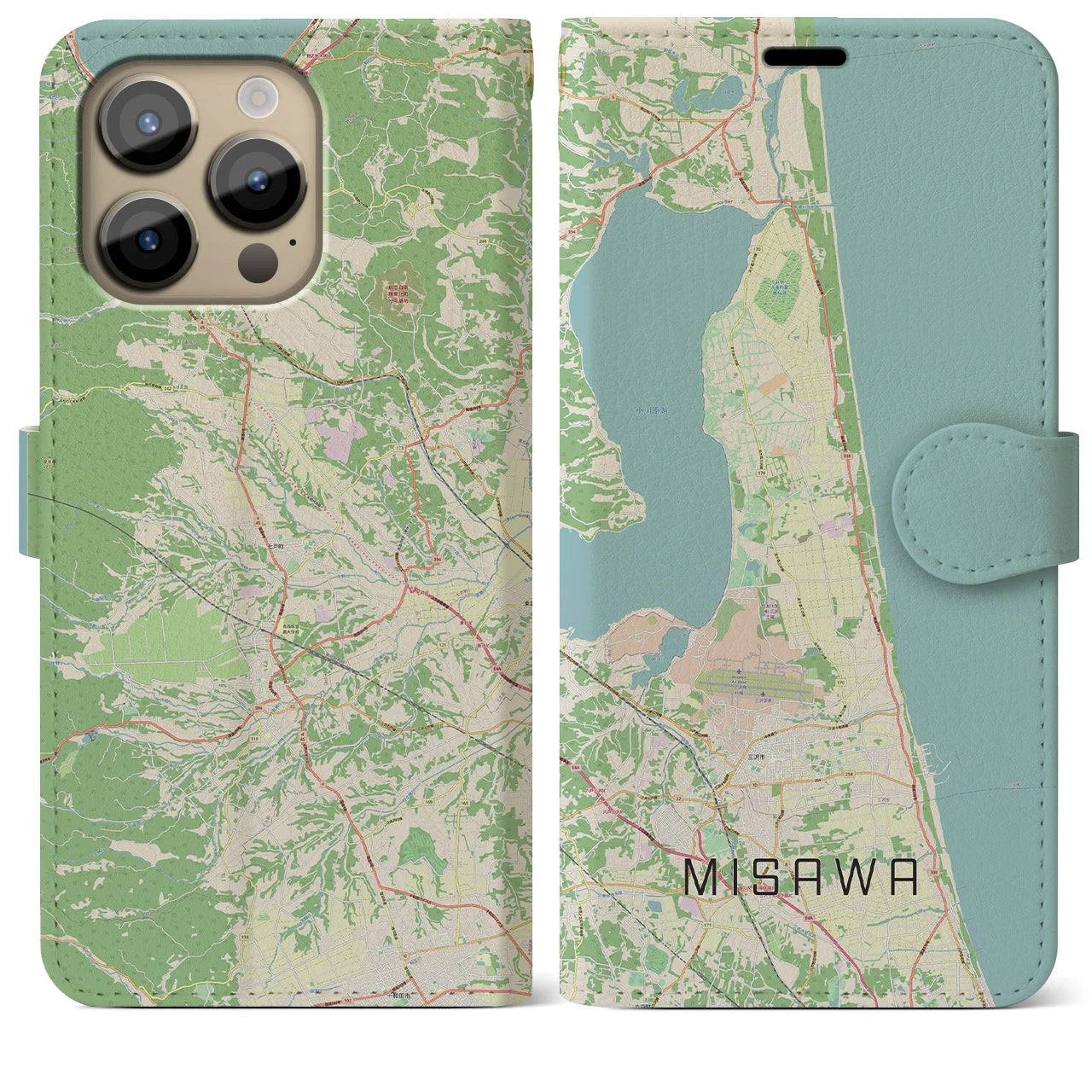 【三沢】地図柄iPhoneケース（手帳両面タイプ・ナチュラル）iPhone 14 Pro Max 用