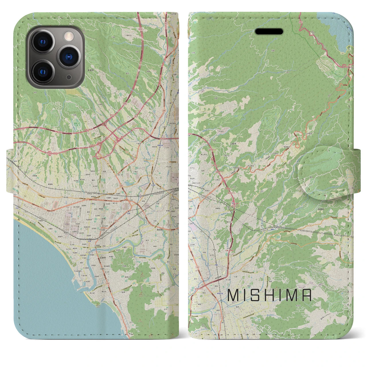 【三島】地図柄iPhoneケース（手帳両面タイプ・ナチュラル）iPhone 11 Pro Max 用