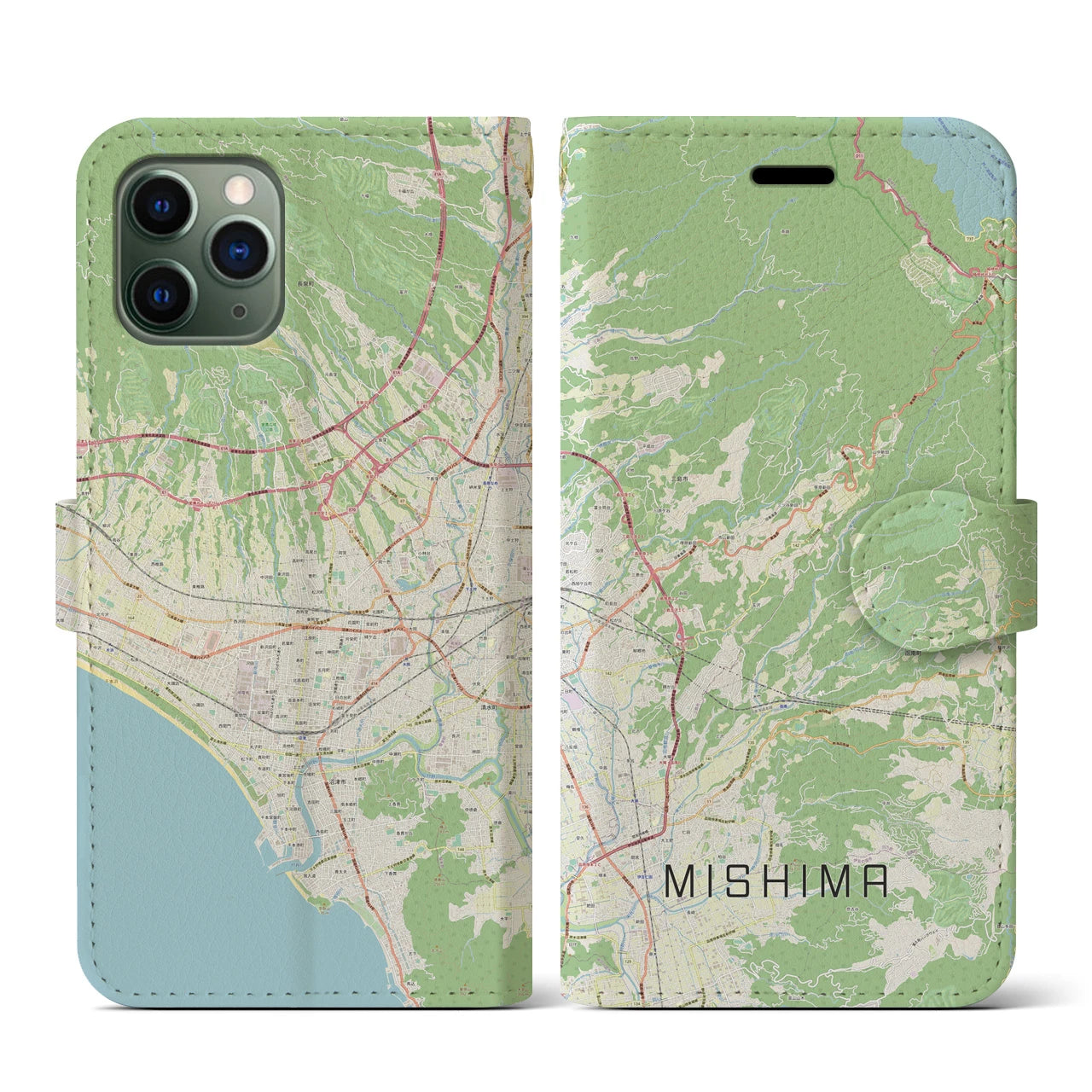 【三島】地図柄iPhoneケース（手帳両面タイプ・ナチュラル）iPhone 11 Pro 用