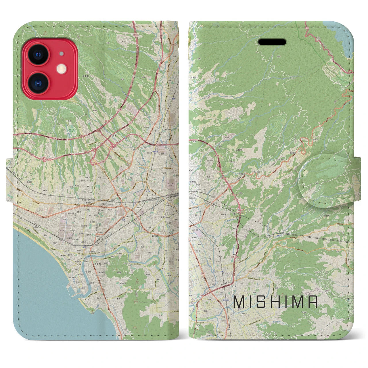 【三島】地図柄iPhoneケース（手帳両面タイプ・ナチュラル）iPhone 11 用