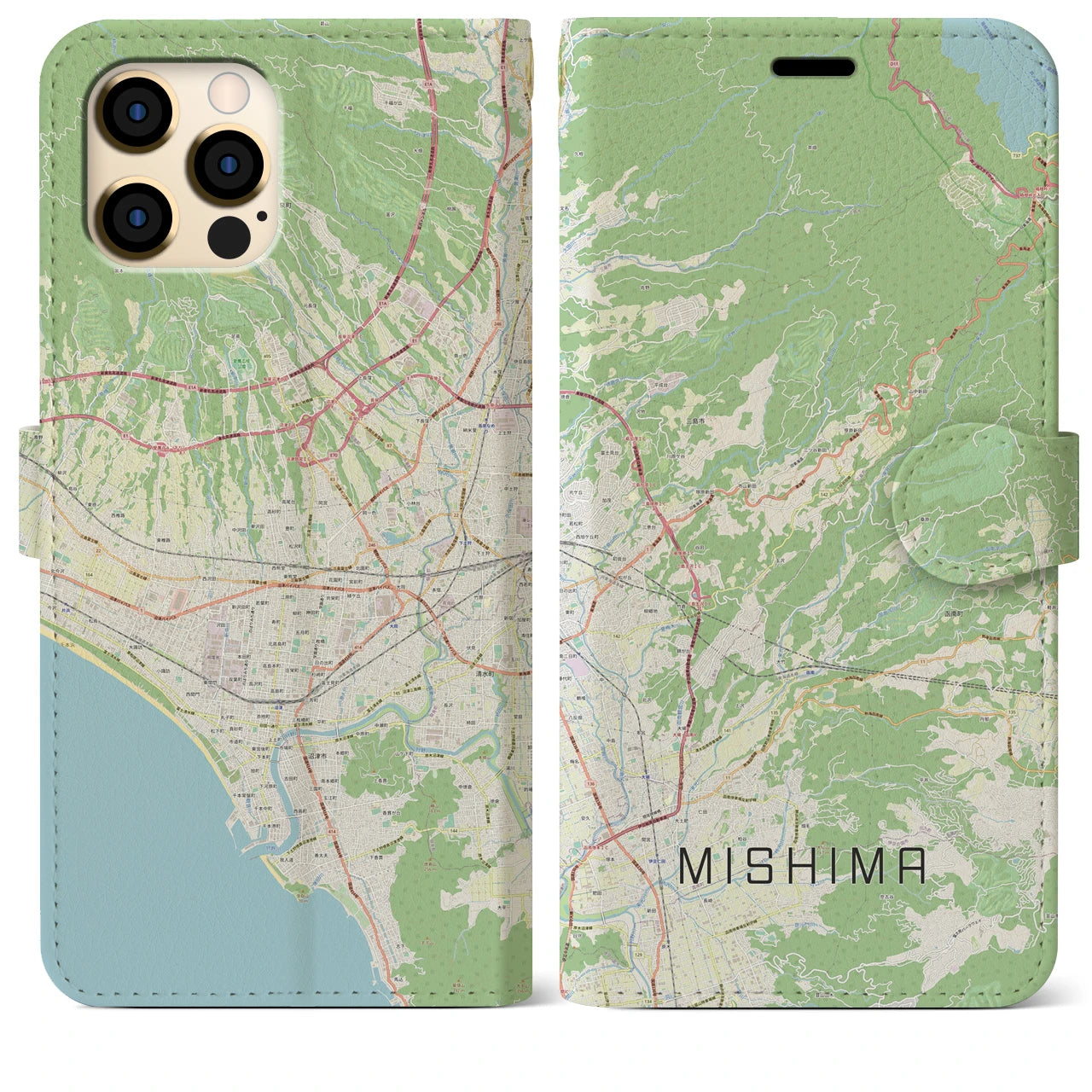 【三島】地図柄iPhoneケース（手帳両面タイプ・ナチュラル）iPhone 12 Pro Max 用