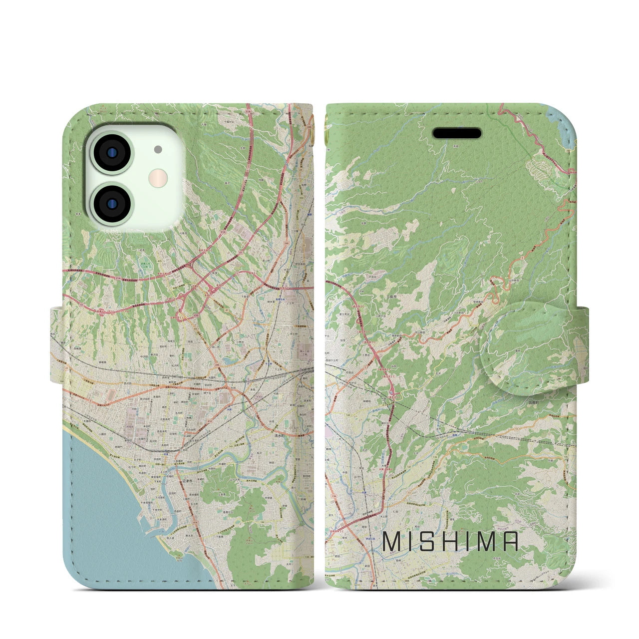 【三島】地図柄iPhoneケース（手帳両面タイプ・ナチュラル）iPhone 12 mini 用