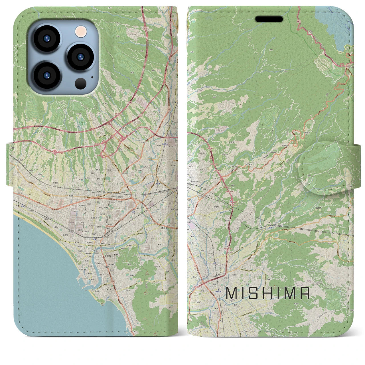 【三島】地図柄iPhoneケース（手帳両面タイプ・ナチュラル）iPhone 13 Pro Max 用
