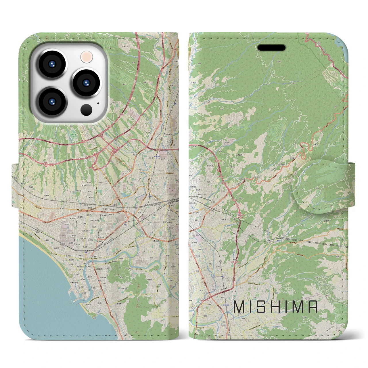 【三島】地図柄iPhoneケース（手帳両面タイプ・ナチュラル）iPhone 13 Pro 用