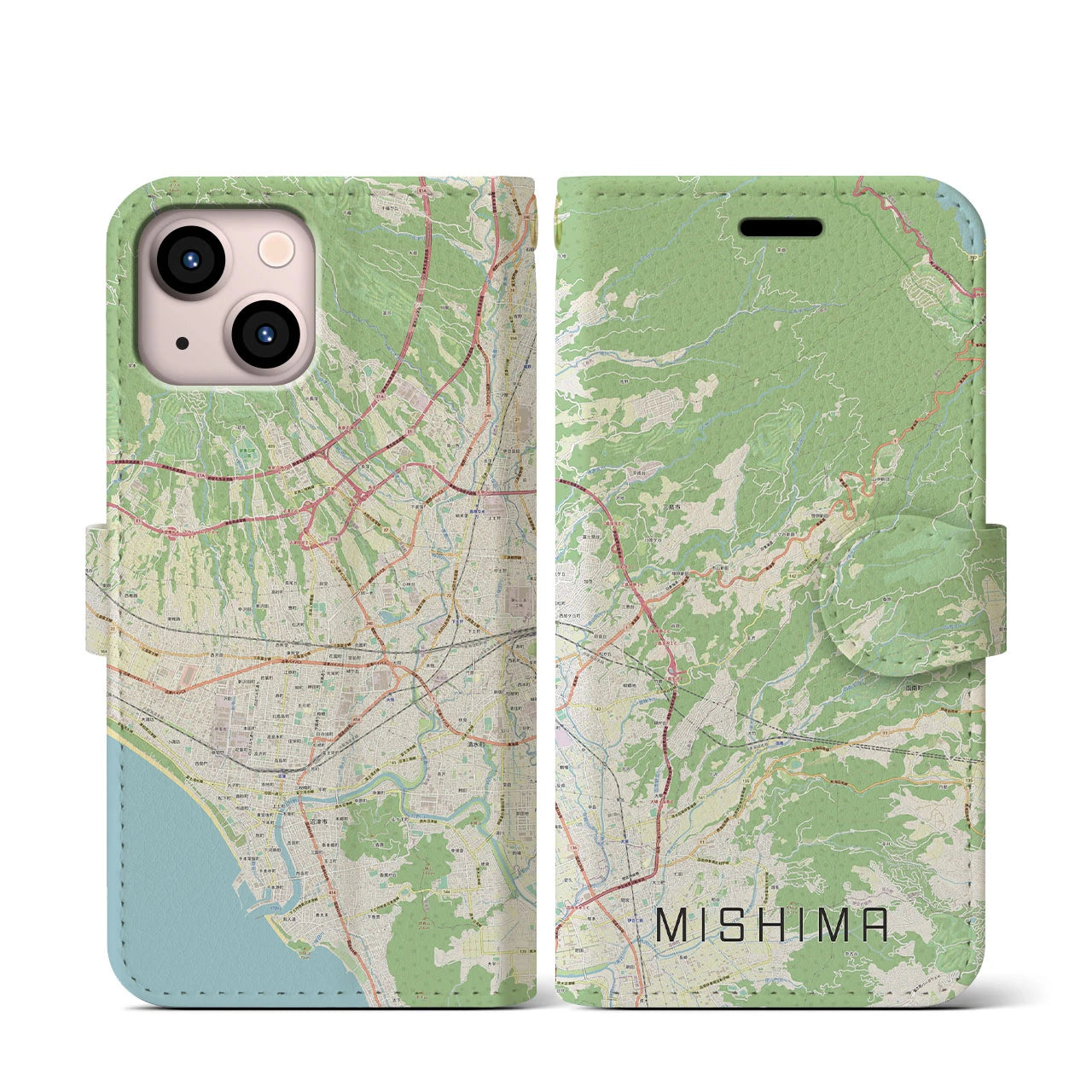 【三島】地図柄iPhoneケース（手帳両面タイプ・ナチュラル）iPhone 13 mini 用