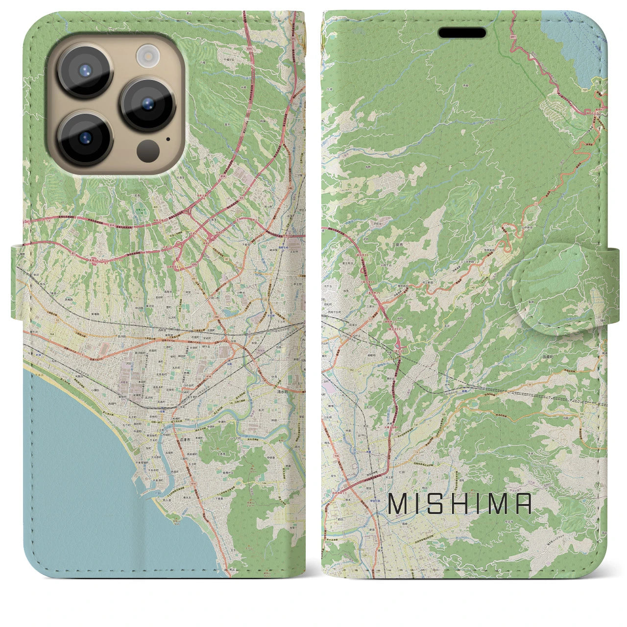 【三島】地図柄iPhoneケース（手帳両面タイプ・ナチュラル）iPhone 14 Pro Max 用