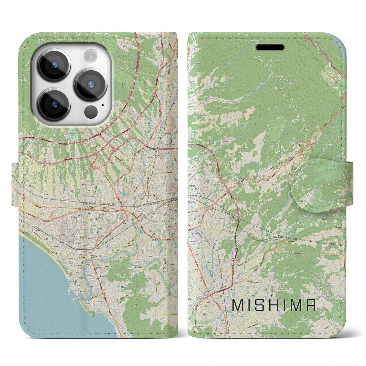 【三島】地図柄iPhoneケース（手帳両面タイプ・ナチュラル）iPhone 14 Pro 用