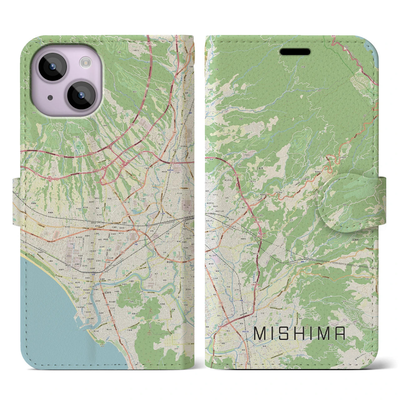 【三島】地図柄iPhoneケース（手帳両面タイプ・ナチュラル）iPhone 14 用