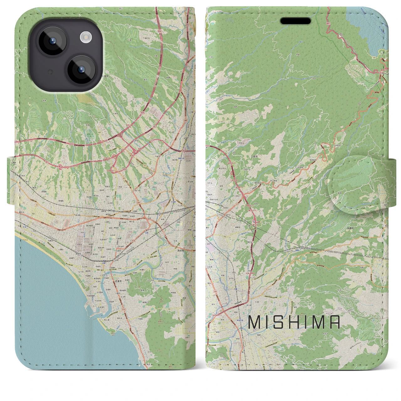 【三島】地図柄iPhoneケース（手帳両面タイプ・ナチュラル）iPhone 14 Plus 用