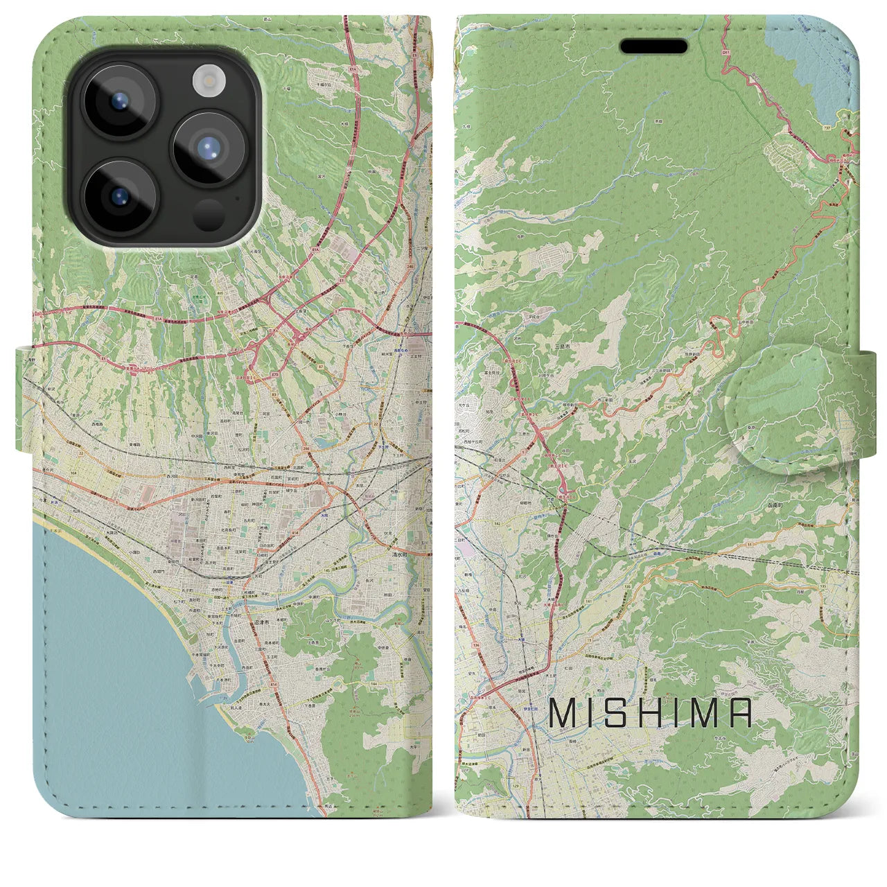 【三島】地図柄iPhoneケース（手帳両面タイプ・ナチュラル）iPhone 15 Pro Max 用