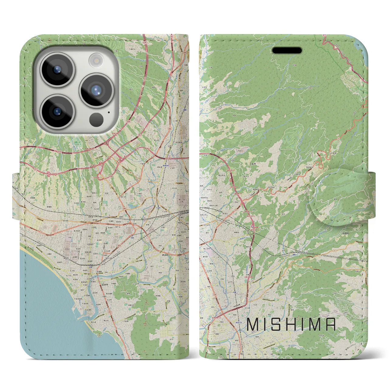 【三島】地図柄iPhoneケース（手帳両面タイプ・ナチュラル）iPhone 15 Pro 用
