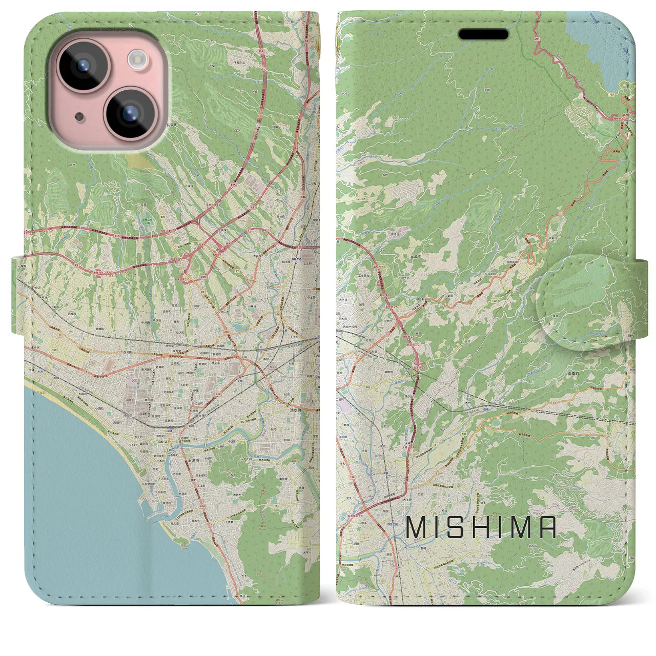 【三島】地図柄iPhoneケース（手帳両面タイプ・ナチュラル）iPhone 15 Plus 用