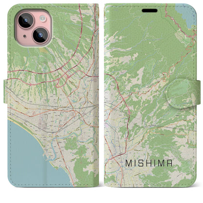 【三島（静岡県）】地図柄iPhoneケース（手帳タイプ）ナチュラル・iPhone 15 Plus 用