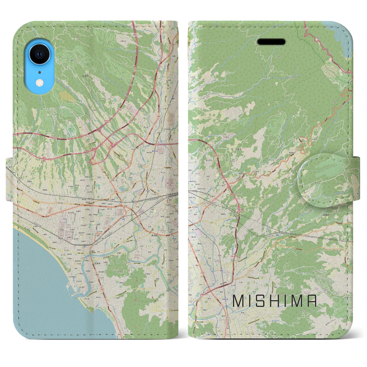 【三島】地図柄iPhoneケース（手帳両面タイプ・ナチュラル）iPhone XR 用