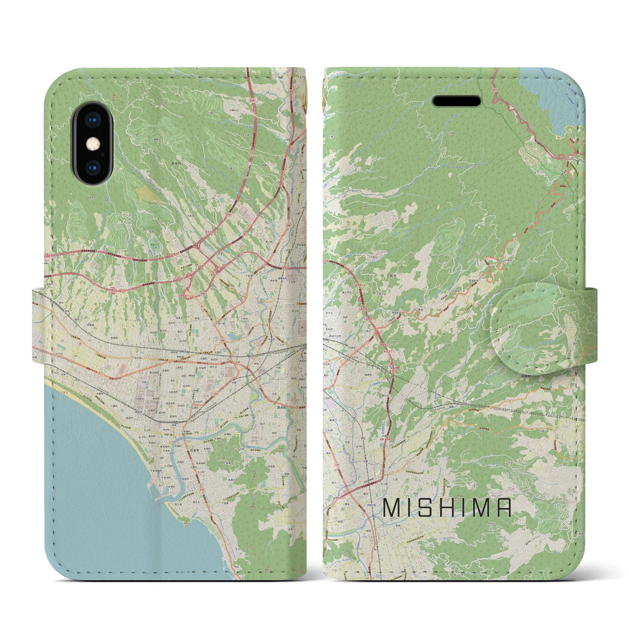 【三島】地図柄iPhoneケース（手帳両面タイプ・ナチュラル）iPhone XS / X 用