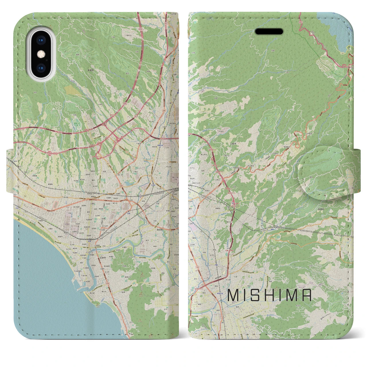 【三島】地図柄iPhoneケース（手帳両面タイプ・ナチュラル）iPhone XS Max 用