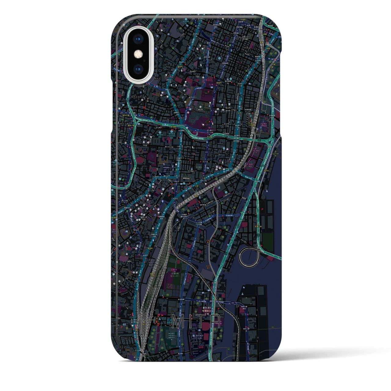 【三田（東京都）】地図柄iPhoneケース（バックカバータイプ・ブラック）iPhone XS Max 用