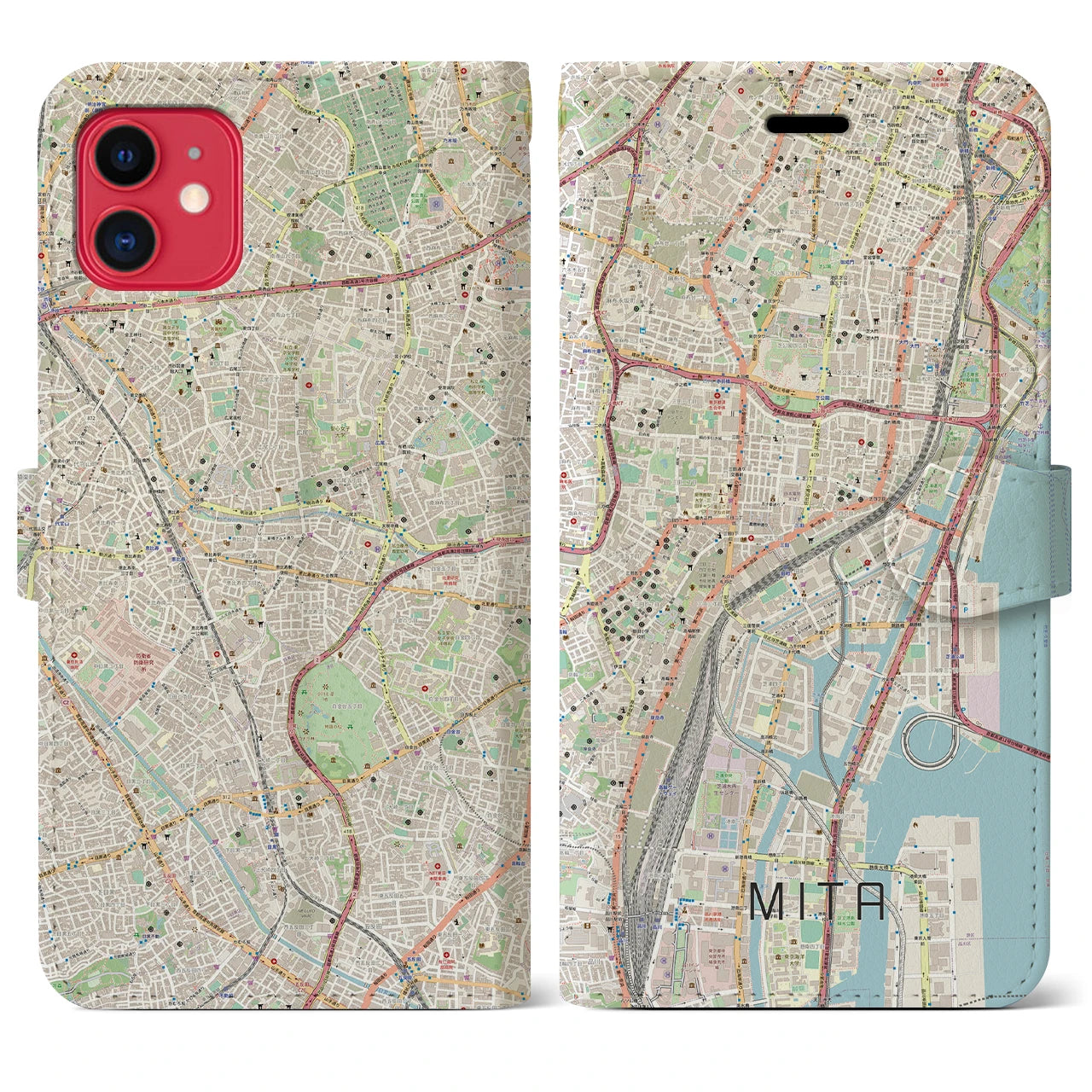 【三田（東京都）】地図柄iPhoneケース（手帳両面タイプ・ナチュラル）iPhone 11 用