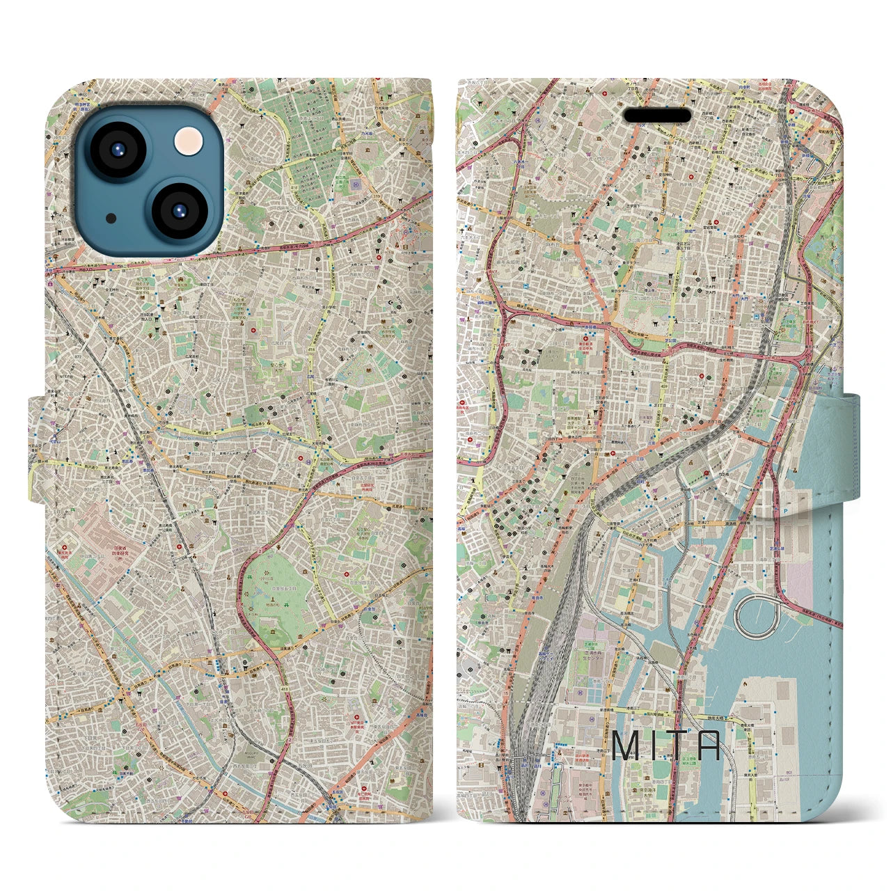 【三田（東京都）】地図柄iPhoneケース（手帳両面タイプ・ナチュラル）iPhone 13 用