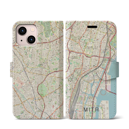 【三田（東京都）】地図柄iPhoneケース（手帳タイプ）ナチュラル・iPhone 13 mini 用