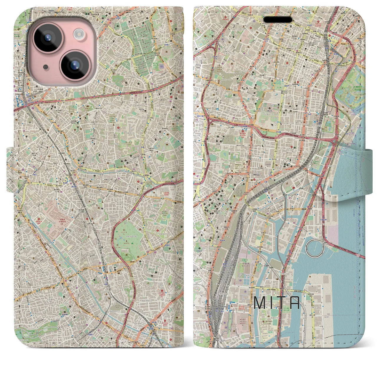 【三田（東京都）】地図柄iPhoneケース（手帳両面タイプ・ナチュラル）iPhone 15 Plus 用